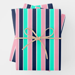 Stripes in Mint Green, Pink, and Navy Blue Wrapping Paper Sheet