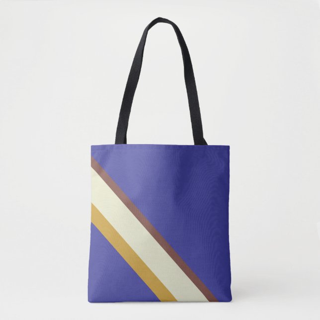 Stripes in natural colours on cobalt blue tote bag (Front)