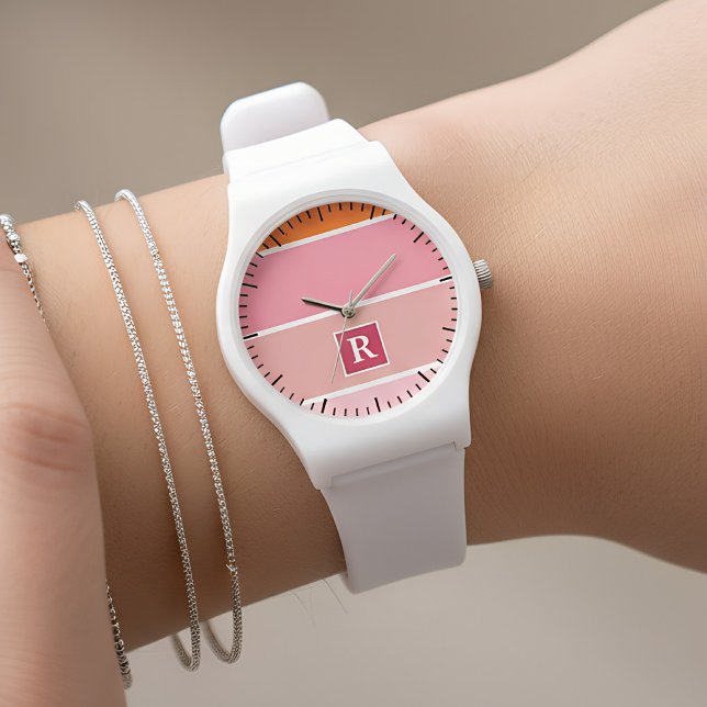 Stripes in pink, white and orange with Monogram Watch (pink striped feminine watch)