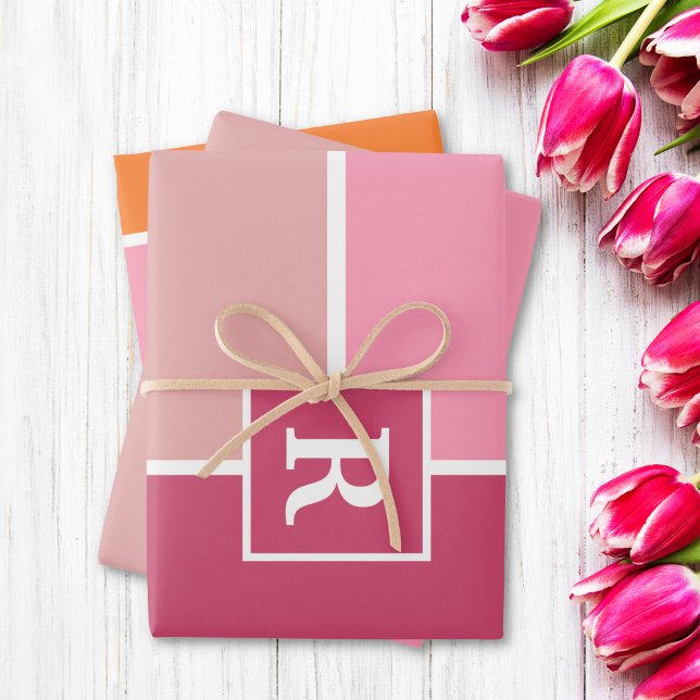 Stripes in pink, white and orange with Monogram  Wrapping Paper Sheet (Creator Uploaded)