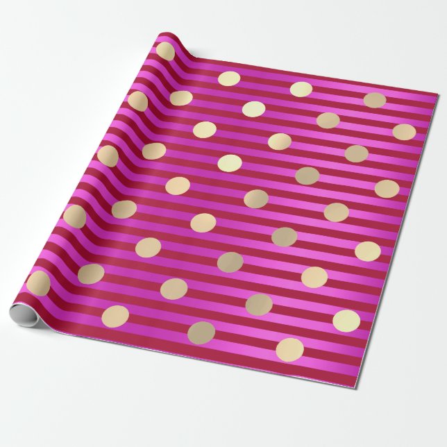Stripes Line Fuchsia Pink Red Ruby Polka Dots Gold Wrapping Paper (Unrolled)
