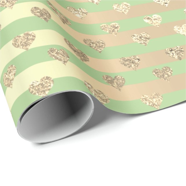 Stripes Lines Heart Champaigne Gold Mint Green Wrapping Paper (Roll Corner)