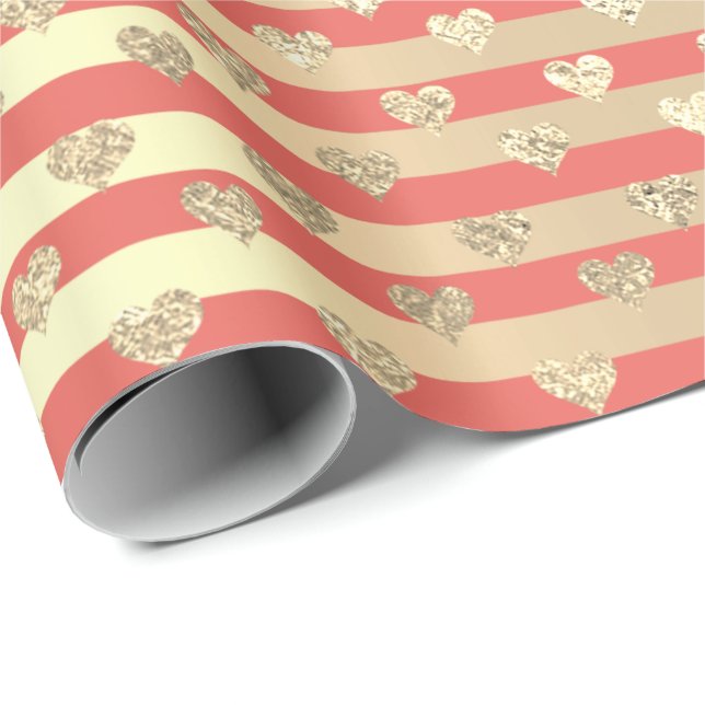 Stripes Lines Hearts Champaigne Gold Coral Peach Wrapping Paper (Roll Corner)