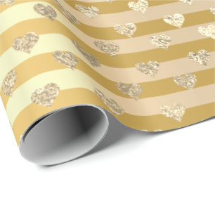 Stripes Lines Hearts Champaigne Gold Mustard Sepia Wrapping Paper