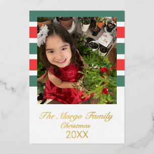 Stripes Merry Christmas Photo Pressed  Foil Holiday Card