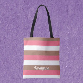 Stripes Mocha Brown Pink White Personalise Tote Bag