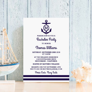 Stripes & Monogram Anchor Nautical Bachelor Party Invitation