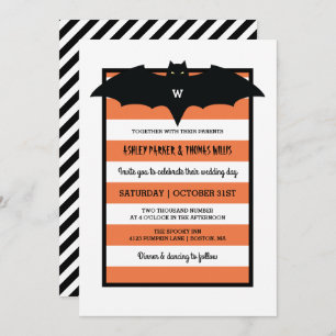 Stripes & Monogram   Orange Halloween Wedding Invitation