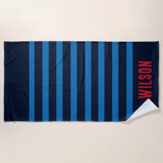Stripes navy blue and red monogram name beach towel
