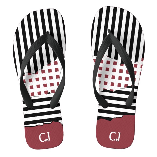 Stripes Net Black, White, Red Layered Initials Flip Flops (Footbed)
