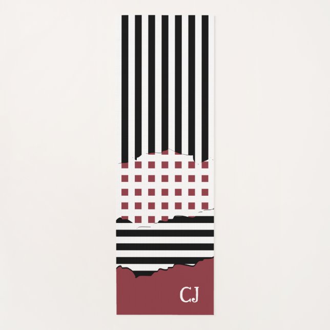 Stripes Net Black, White, Red Layered Initials  Yoga Mat (Front)