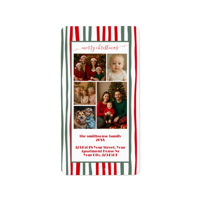 Stripes new address family Photo merry Christmas Label (Front)