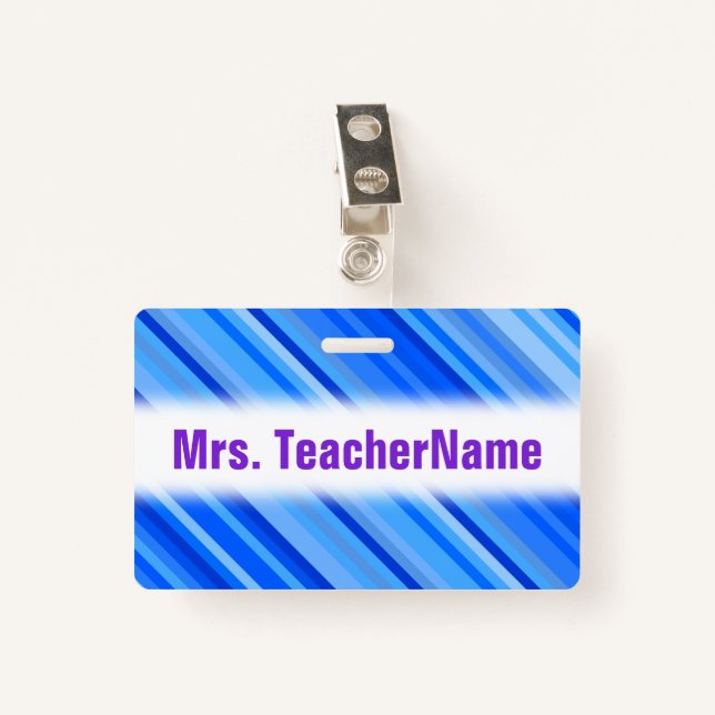 Stripes of Blue Pattern + Custom Teacher Name ID Badge (Front with Clip)