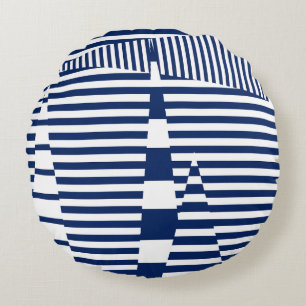 Stripes on Stripes in Blue and White Round Cushion