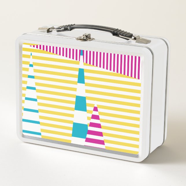 Stripes on Stripes - Turquoise, Yellow and Pink Metal Lunch Box (Front)