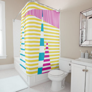 Stripes on Stripes - Turquoise, Yellow and Pink Shower Curtain