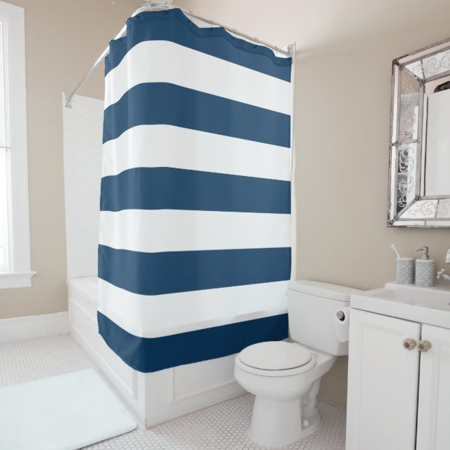 Stripes (Parallel Lines) - Navy Blue, White Shower Curtain (In Situ)