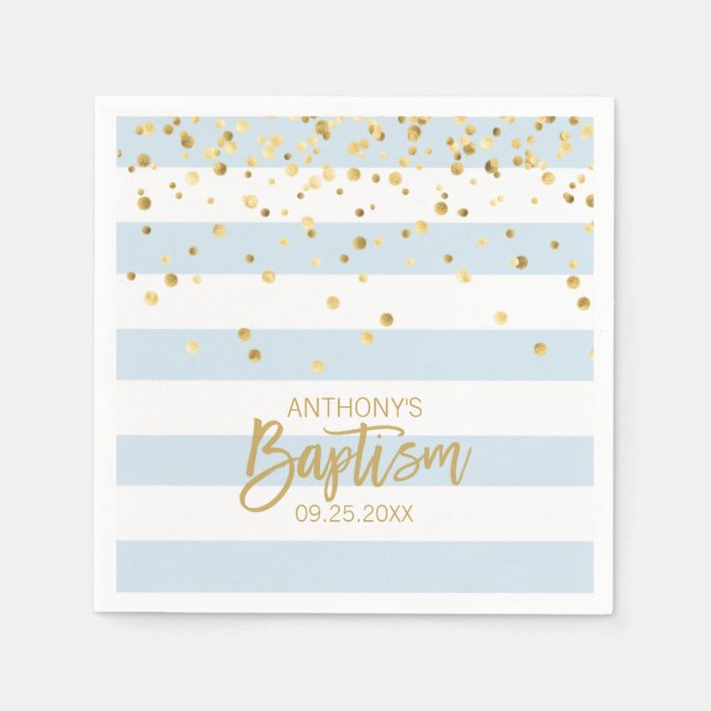 Stripes Pastel Blue Gold BOY BAPTISM Napkin (Front)