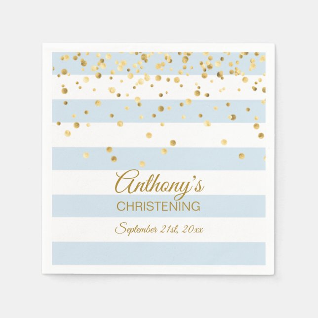Stripes Pastel Blue Gold BOY CHRISTENING BAPTISM Napkin (Front)
