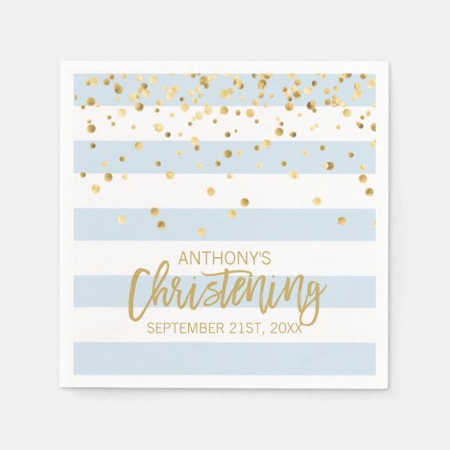 Stripes Pastel Blue Gold BOY CHRISTENING Napkin (Front)