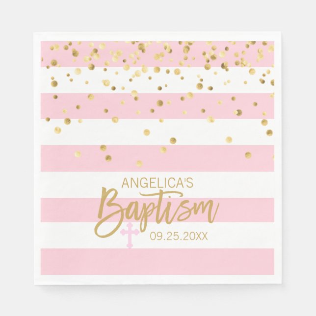 Stripes Pastel PINK Gold GIRL BAPTISM Luncheon Napkin (Front)