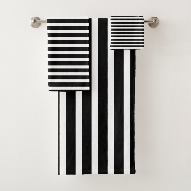 Stripes Pattern Black White Trendy Stylish Elegant Bath Towel Set (Insitu)