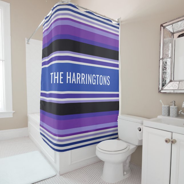 Stripes pattern custom name shower curtain (In Situ)
