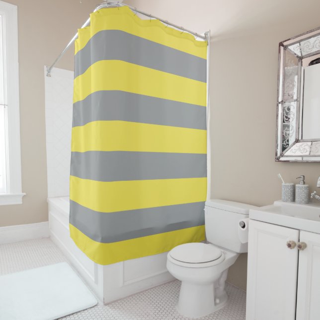 Stripes Pattern Grey and Yellow Shower Curtain (In Situ)