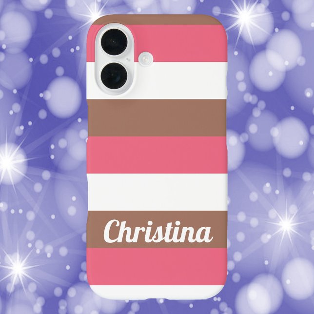Stripes Pattern Mocha Pink White Personalise Case-Mate iPhone Case (A mocha brown, pink and white stripe phone case with text you can personalize.)