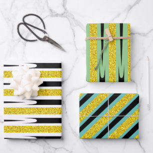 Stripes Pattern Multicolor Gold Glitter Abstract Wrapping Paper Sheet