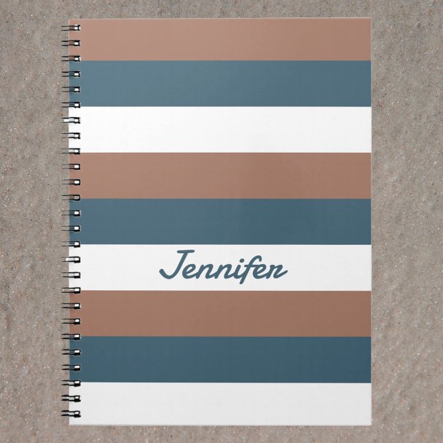 Stripes Pattern Personalise Brown Teal White Notebook (A brown, white and teal striped notebook with text you can personalize!)