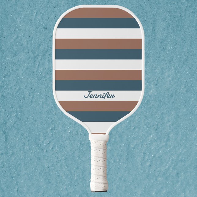 Stripes Pattern Personalise Brown Teal White Pickleball Paddle (A pickleball paddle with brown, white and teal stripes.  The text can be changed & personalized.)