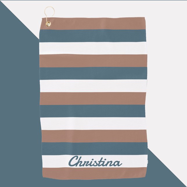 Stripes Pattern Personalise Teal Brown White Golf Towel (A golf towel with brown, teal and white stripes.  The name can be changed and personalized.)