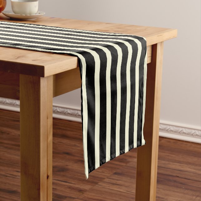 Stripes pattern two tone black cream short table runner (In Situ)
