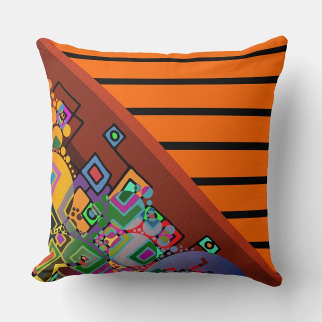 Stripes Pattern wide orange + abstract art Cushion (Front)