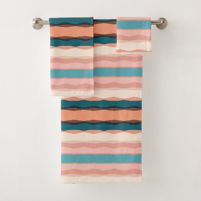 Stripes peach brown green bath towel set (Insitu)