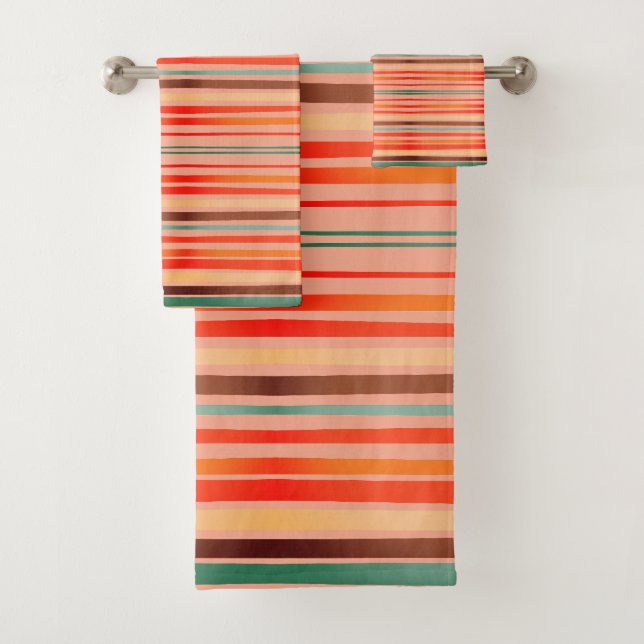 Stripes Peach, Coral, Blue, Orange, Clay Bath Towel Set (Insitu)