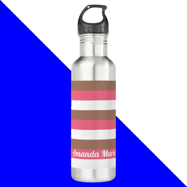 Stripes Personalise Pink Brown White 710 Ml Water Bottle (A pink, brown and white stripe water bottle with text that you can personalize!)