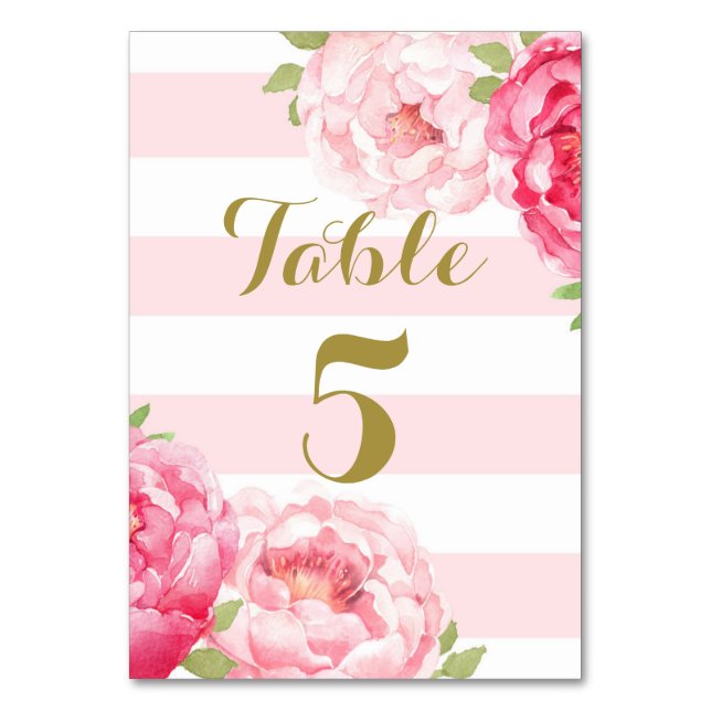 Stripes Pink Floral Wedding Table Number Card (Front)
