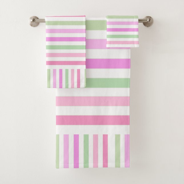 Stripes, pink, green bath towel set (Insitu)