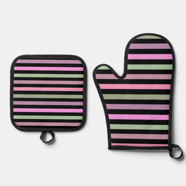 Stripes, pink, green neck tie oven mitt & pot holder set (Front)