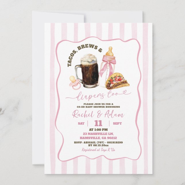 Stripes Pink Tacos Brews Diapers Girl Baby Shower Invitation (Front)