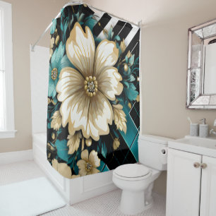 Stripes Plaid Beige Blue flowers Shower Curtain