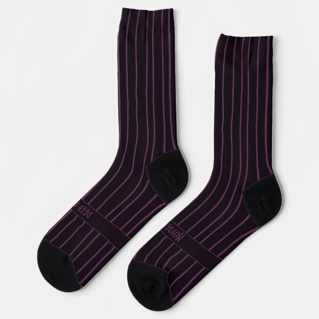 Stripes, purple on darkest red, true classic socks (Left)