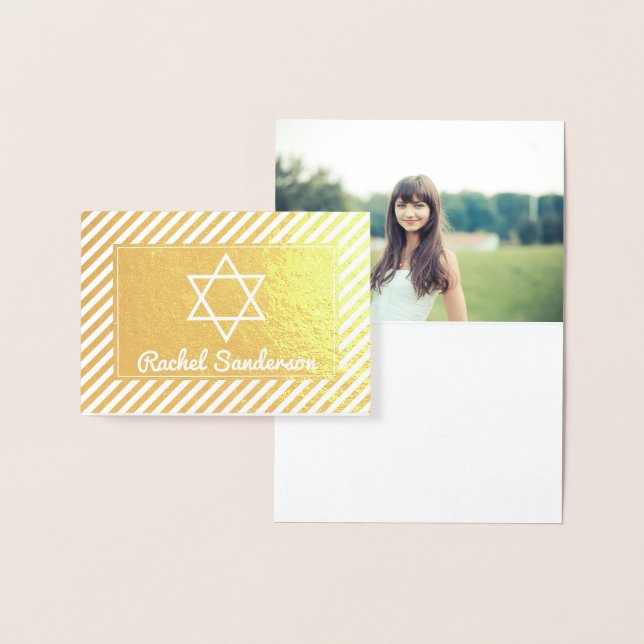 Stripes Real Gold Foil Photo Bat Mitzvah Thank you Foil Card (Display)