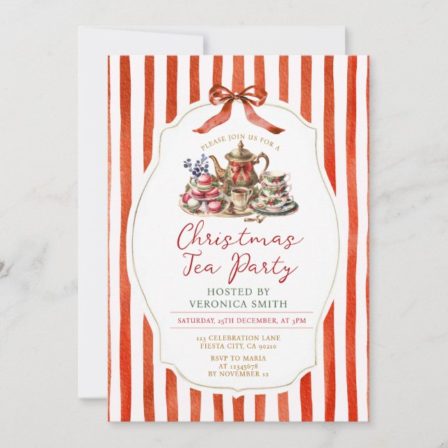 Stripes Red Bow Christmas Vintage Tea Party Invitation (Front)