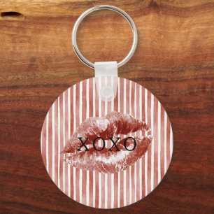 Stripes Red Lips Kiss XOXO Key Ring
