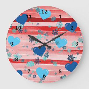 Stripes Red & White Hearts & Snowflakes Large Clock