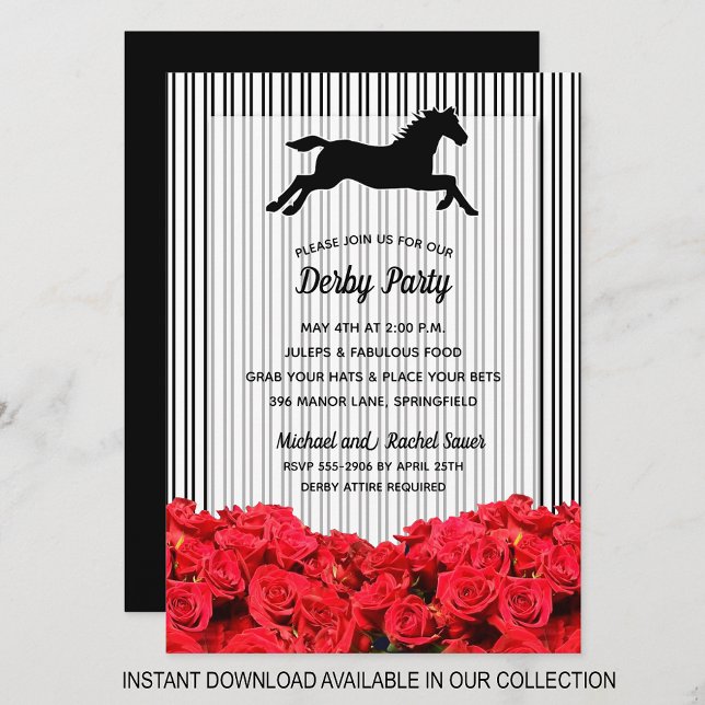 Stripes Roses Derby Horse Racing Party Invitations (INSTANT DOWNLOAD available in our collection to send your invitations digitally.)