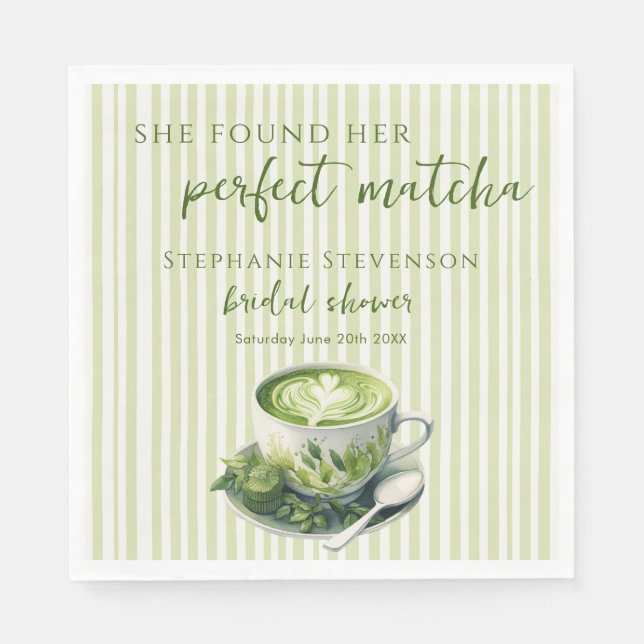 Stripes She Found Her Perfect Matcha Bridal Shower Napkin (Front)